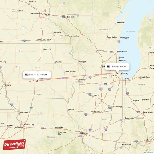 Des Moines - Chicago direct flight map