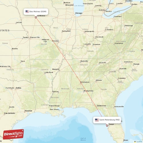 Des Moines - Saint Petersburg direct flight map