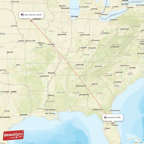 Des Moines - Orlando direct flight map