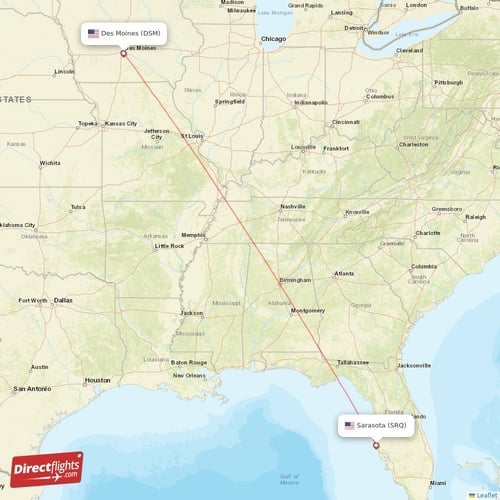 Des Moines - Sarasota direct flight map