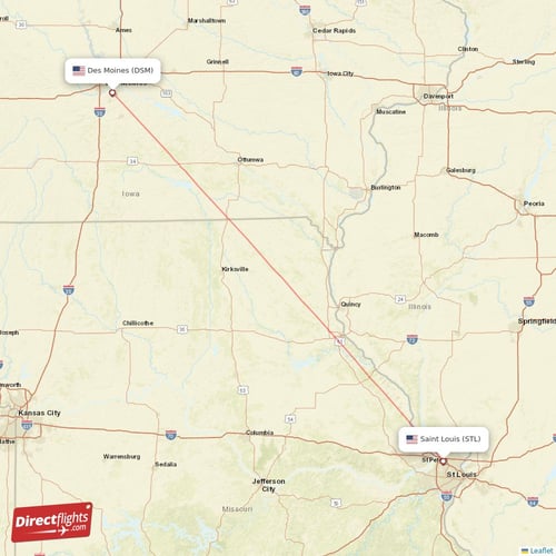 Des Moines - Saint Louis direct flight map