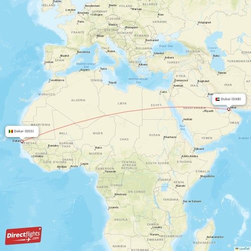 Dakar - Dubai direct flight map