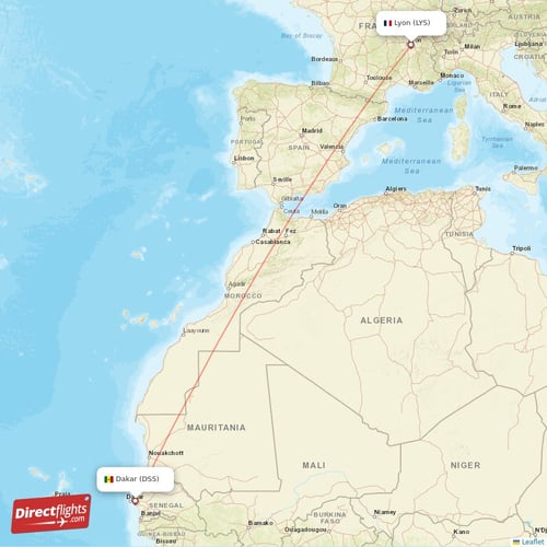 Dakar - Lyon direct flight map