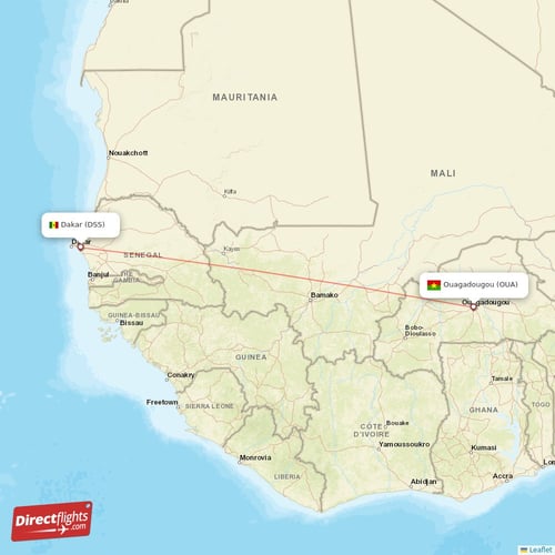 Dakar - Ouagadougou direct flight map