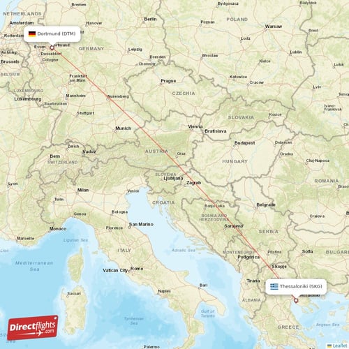 Dortmund - Thessaloniki direct flight map