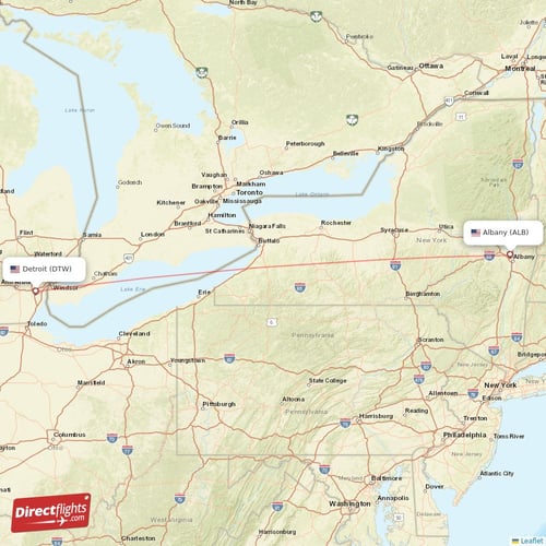 Detroit - Albany direct flight map
