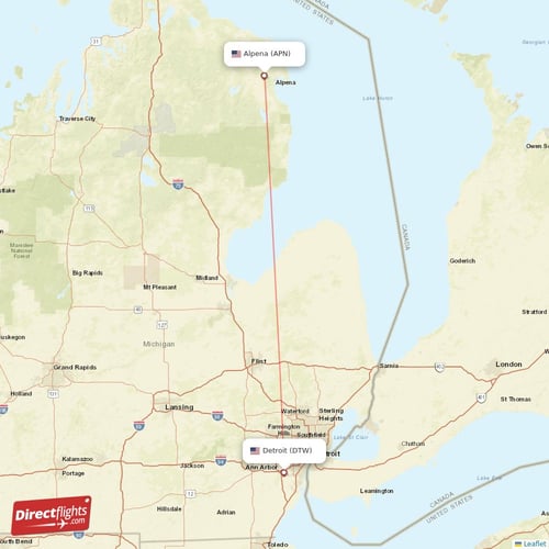 Detroit - Alpena direct flight map