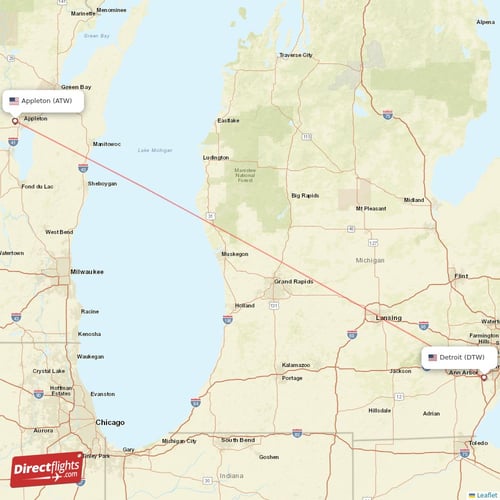 Detroit - Appleton direct flight map