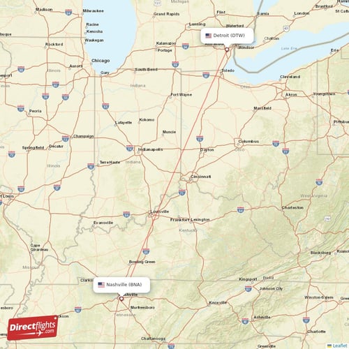 Detroit - Nashville direct flight map