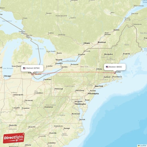 Detroit - Boston direct flight map