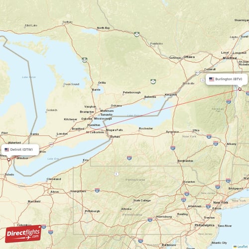 Detroit - Burlington direct flight map