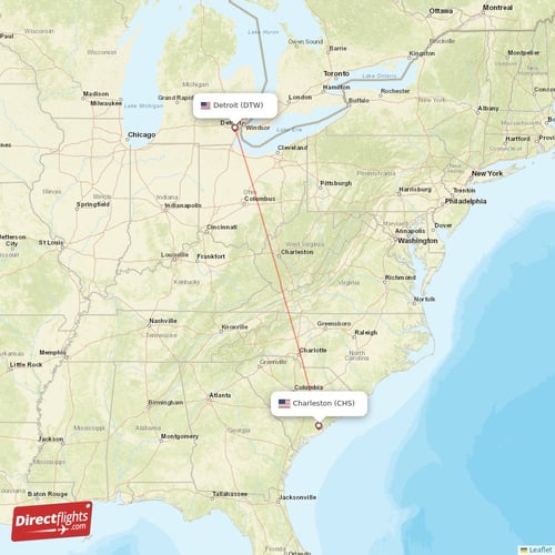 Detroit - Charleston direct flight map