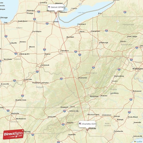 Detroit - Charlotte direct flight map