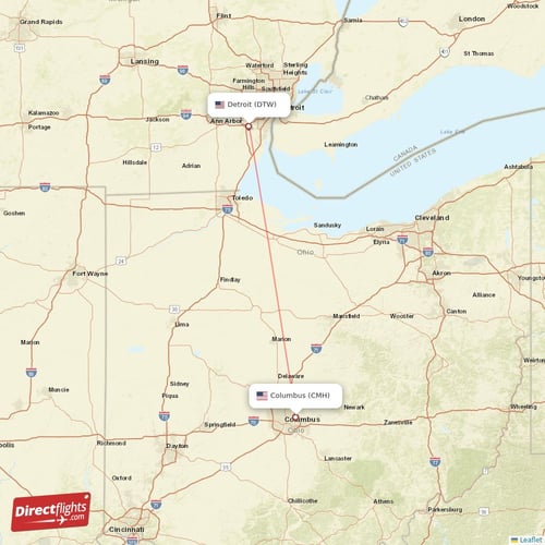 Detroit - Columbus direct flight map