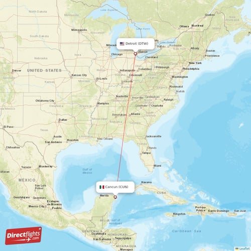 Detroit - Cancun direct flight map