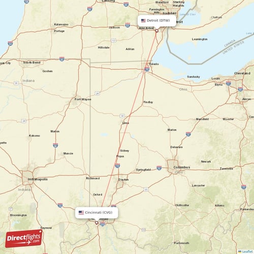 Detroit - Cincinnati direct flight map