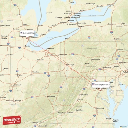Detroit - Washington direct flight map