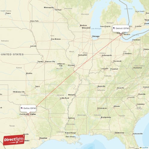 Detroit - Dallas direct flight map