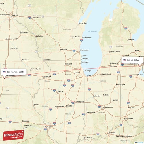 Detroit - Des Moines direct flight map