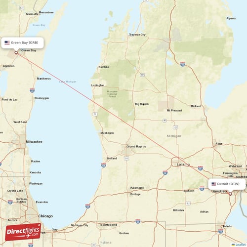 Detroit - Green Bay direct flight map