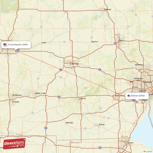 Detroit - Grand Rapids direct flight map