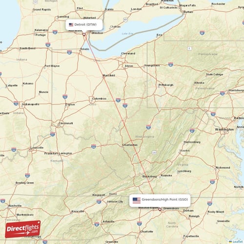 Detroit - Greensboro/High Point direct flight map