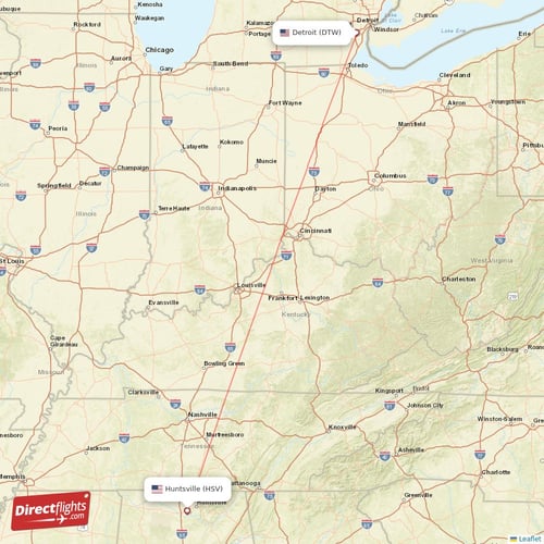Detroit - Huntsville direct flight map