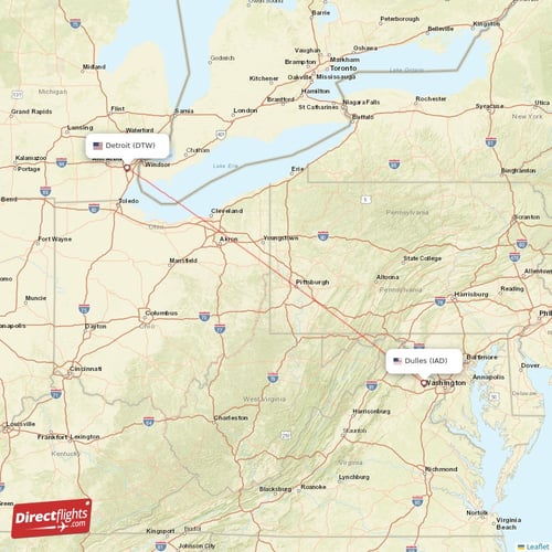 Detroit - Dulles direct flight map