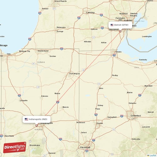 Detroit - Indianapolis direct flight map