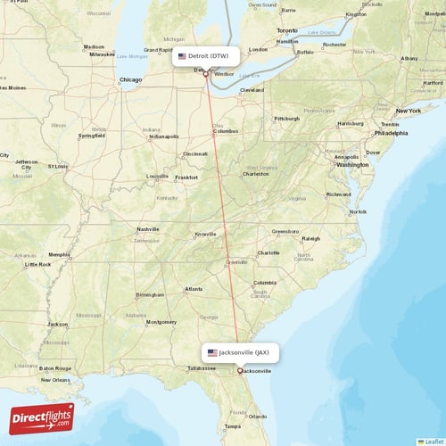 Detroit - Jacksonville direct flight map