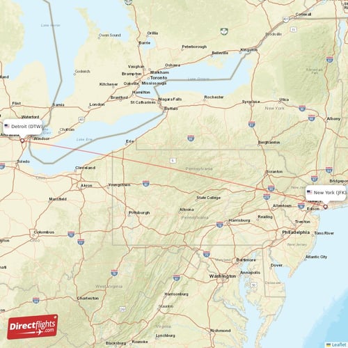 Detroit - New York direct flight map