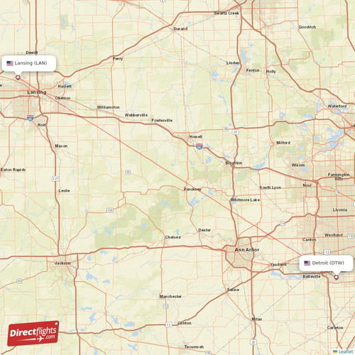 Detroit - Lansing direct flight map