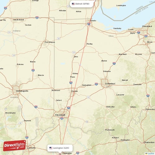 Detroit - Lexington direct flight map