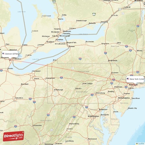 Detroit - New York direct flight map
