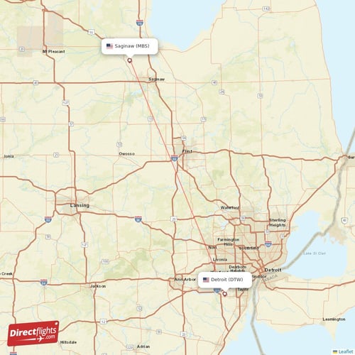 Detroit - Saginaw direct flight map