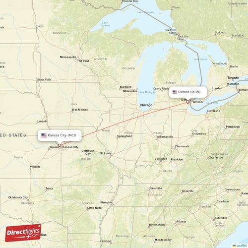 Detroit - Kansas City direct flight map