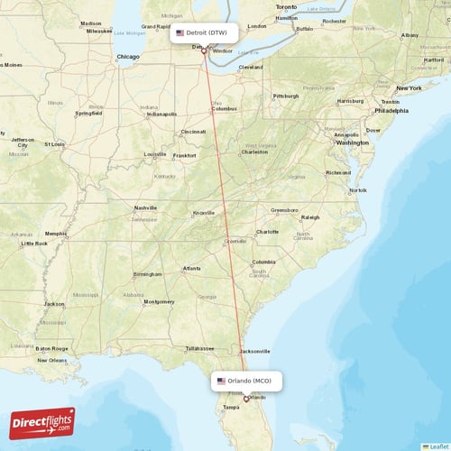 Detroit - Orlando direct flight map
