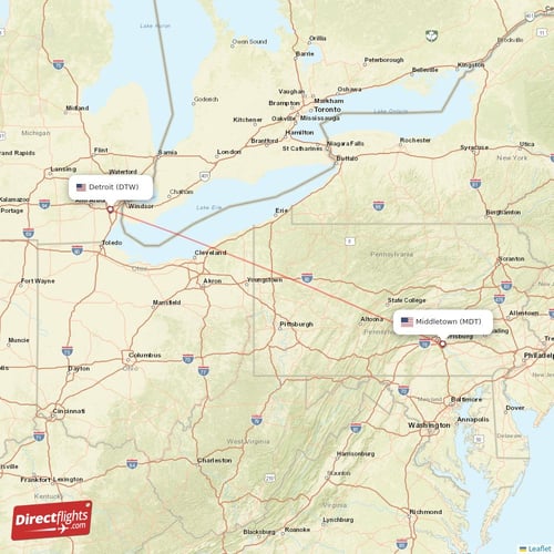 Detroit - Middletown direct flight map