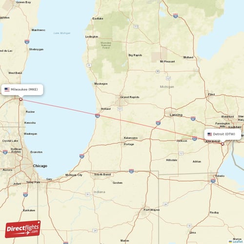 Detroit - Milwaukee direct flight map