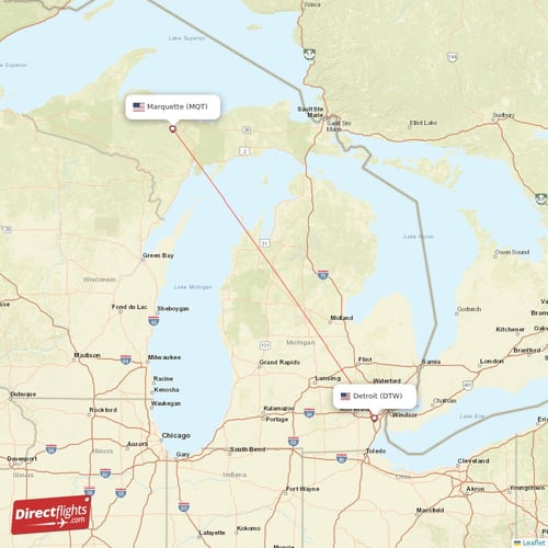 Detroit - Marquette direct flight map