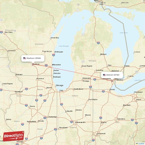 Detroit - Madison direct flight map