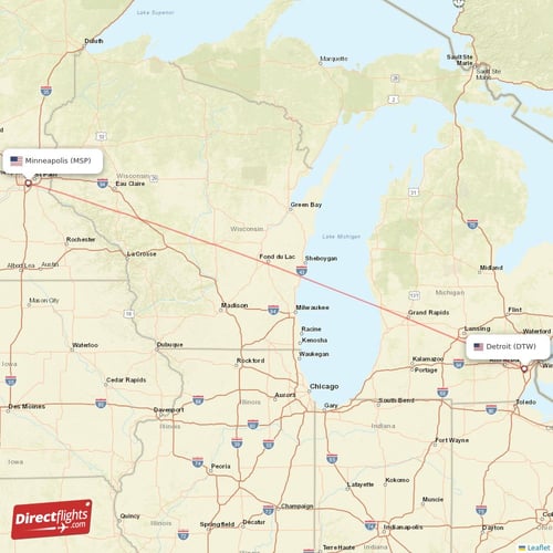 Detroit - Minneapolis direct flight map