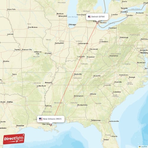 Detroit - New Orleans direct flight map