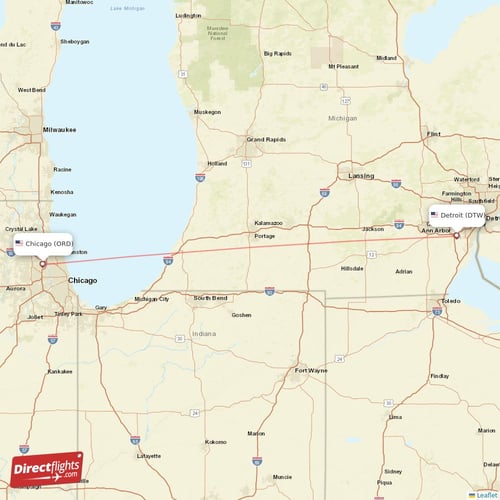 Detroit - Chicago direct flight map