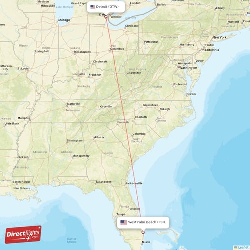 Detroit - West Palm Beach direct flight map