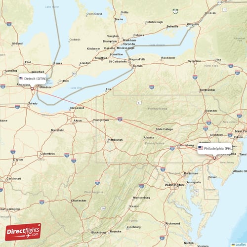 Detroit - Philadelphia direct flight map