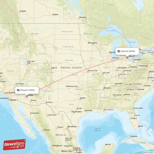 Detroit - Phoenix direct flight map