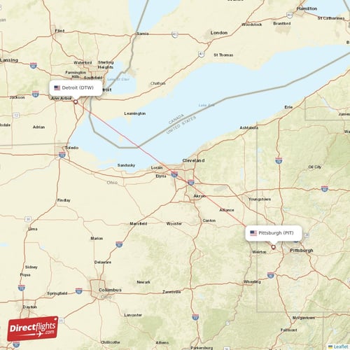 Detroit - Pittsburgh direct flight map