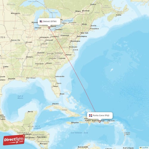 Detroit - Punta Cana direct flight map