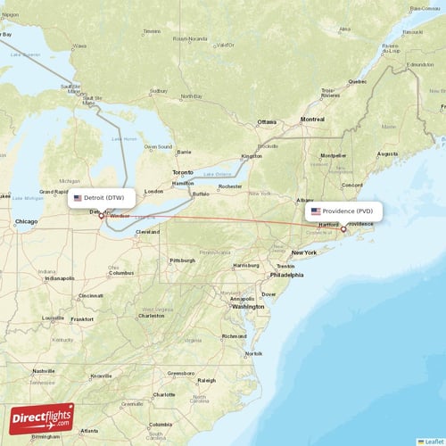 Detroit - Providence direct flight map